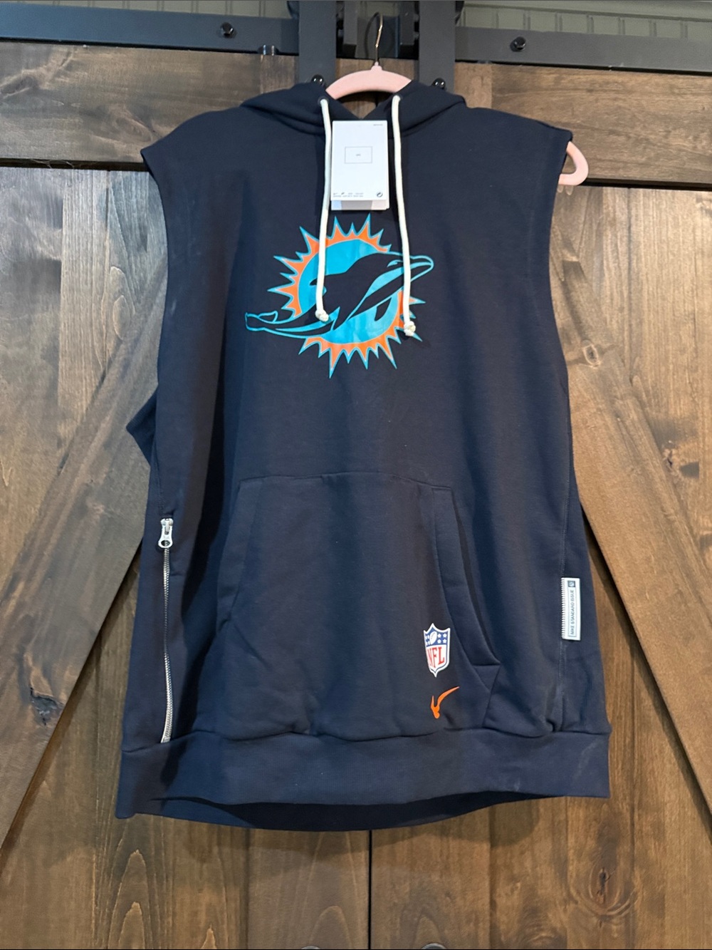 Nike Navy Sleeveless Hoodie with Teal and Orange Dolphins Logo